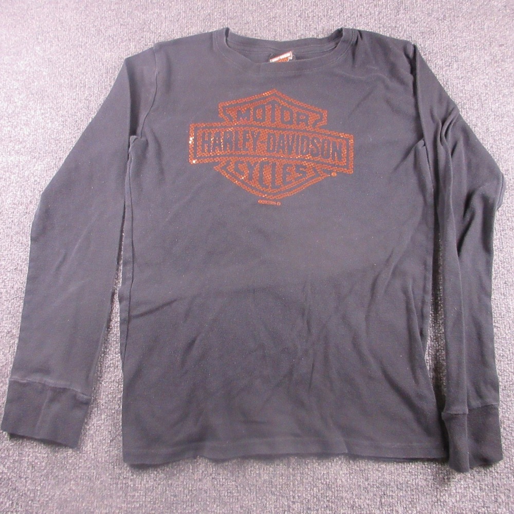 Harley-Davidson Shirt Womens Large Black Long‎ Sleeve Rhinestone Logo Biker